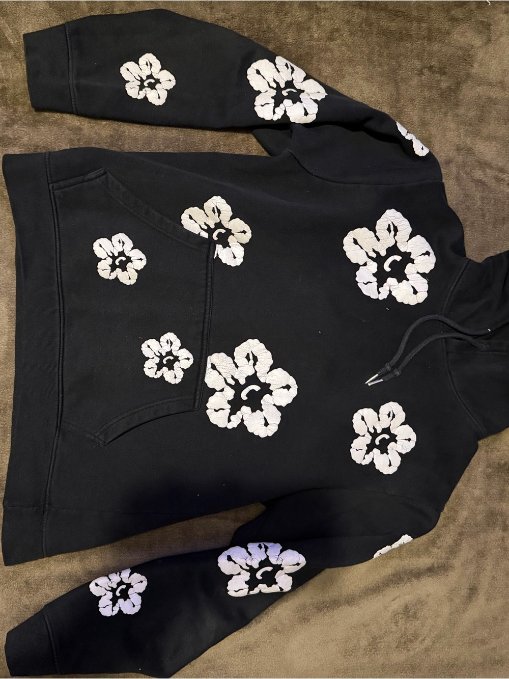 Man Divided Black Hoodie with White Floral Prints - Jackets & Coats